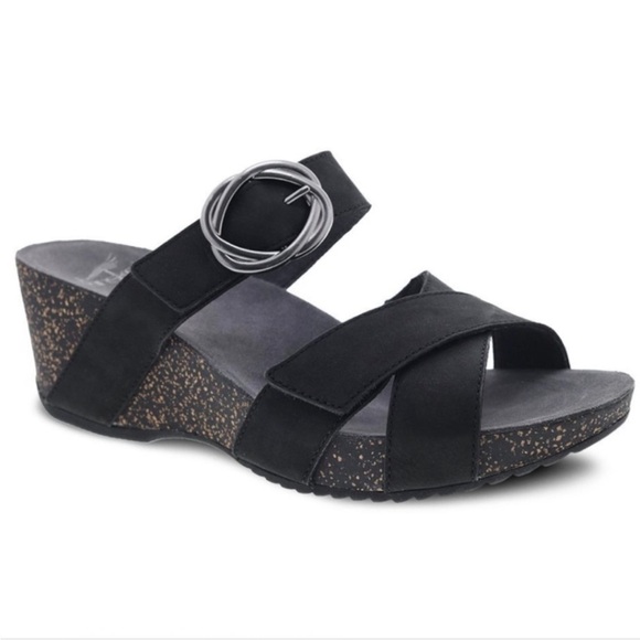Dansko Women’s Susie Black Nubuck Leather Suede Slip On Cork Wedge Slides Sandal - Picture 1 of 13